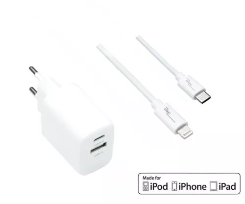 USB C+A charging set 20W, PD, white, 1m Lightning/C 20W, 3.6V~5.9V/3A; 6~9V/2A; 9V~12V/1.5A